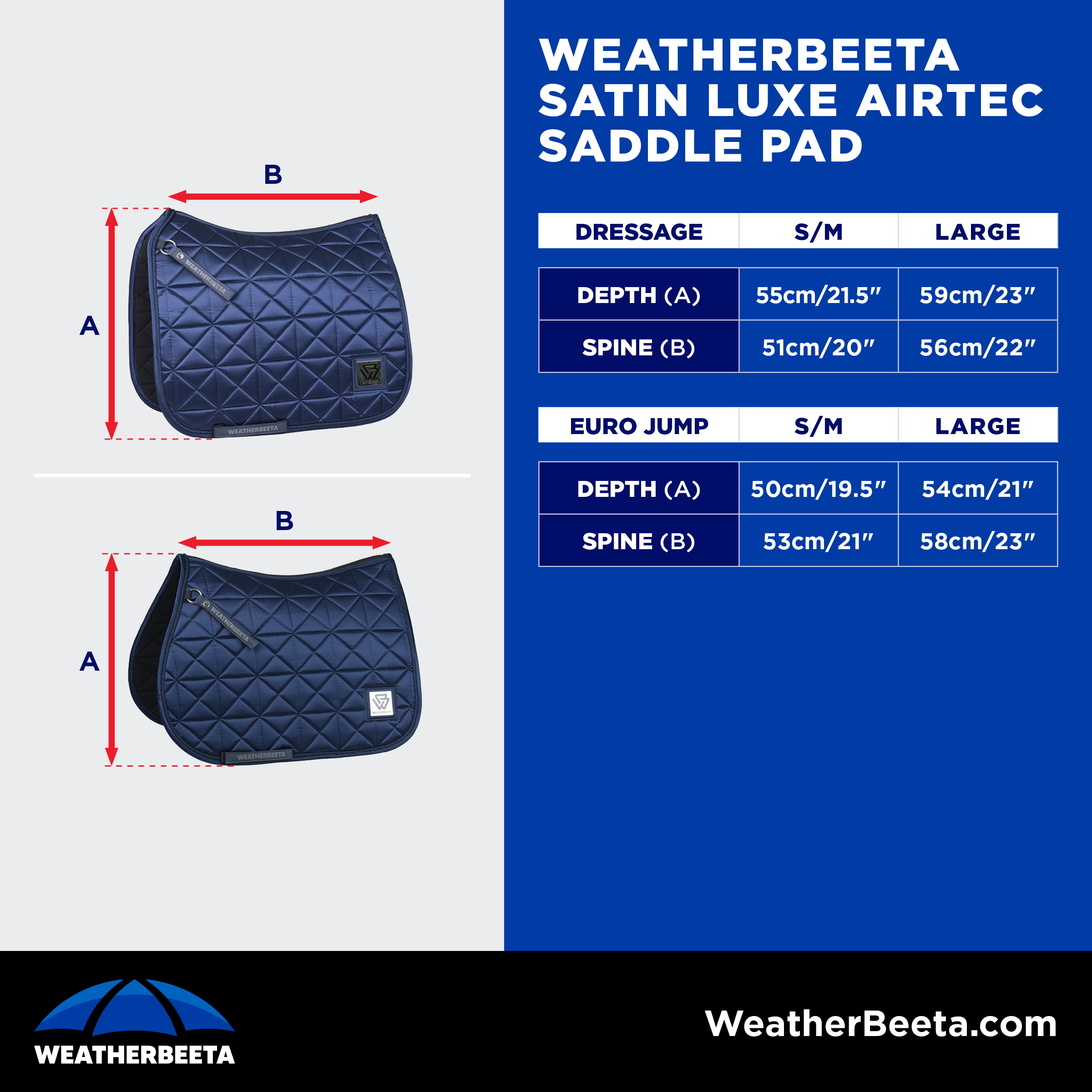 2026 WeatherBeeta Saddle Pad Satin Luxe  Size Chart
